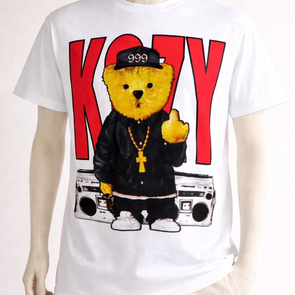 IKOZY KOZY Bear Graphic T-Shirt White Size Medium Streetwear 999 Tee